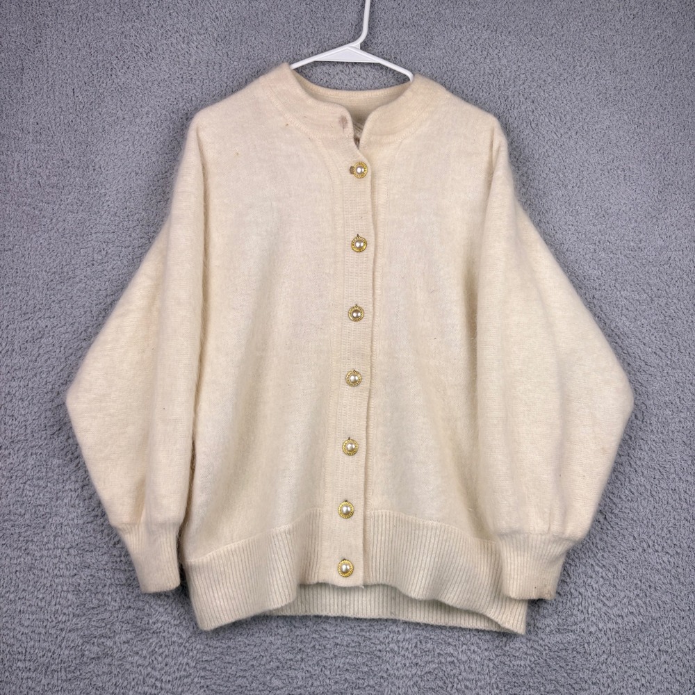 Belldini Cardigan Sweater Womens Small Cream Angora Blend Pearl Button Vintage